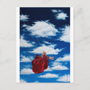 Girl on swing in clouds postcard