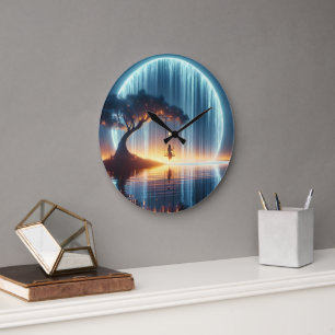 Girl On Swing In Moonlight Waterfall Large Clock