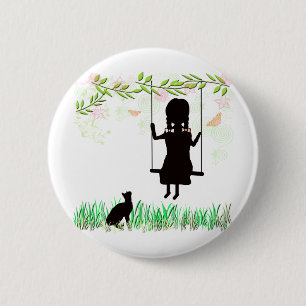 Girl on Swing with Cat 6 Cm Round Badge