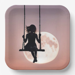 Girl On Swing With Moon Paper Plate