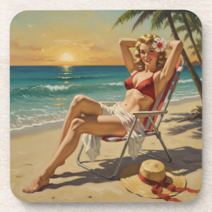 Girl On the Beach Retro '50s Pin-up art Coaster