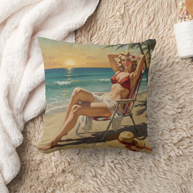 Girl On the Beach Retro '50s Pin-up art Cushion (Blanket)