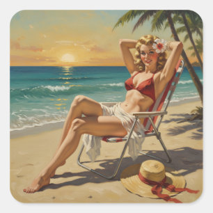 Girl On the Beach Retro '50s Pin-up art Square Sticker