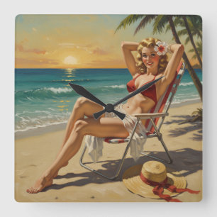 Girl On the Beach Retro '50s Pin-up art Square Wall Clock