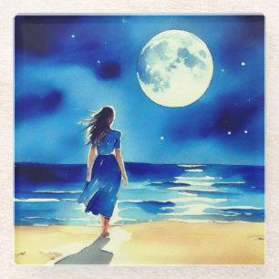 Girl on the Beach Under a Full Moon Glass Coaster