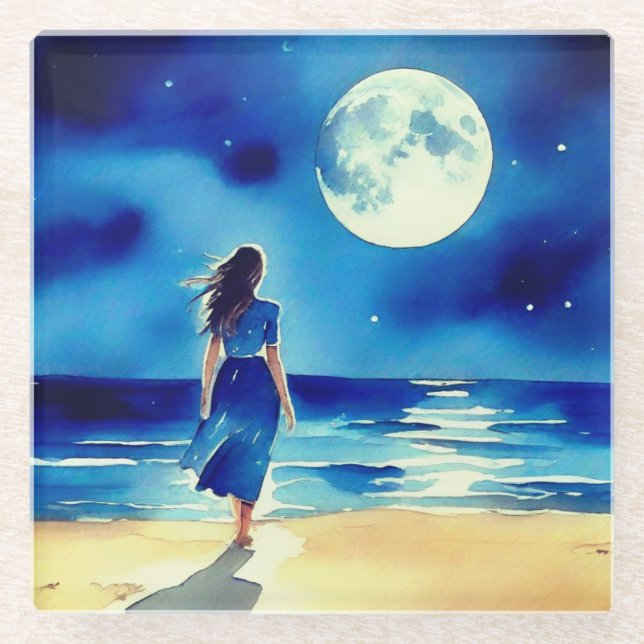 Girl on the Beach Under a Full Moon Glass Coaster (Front)
