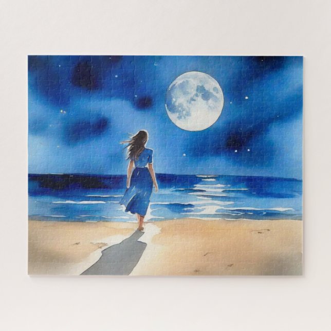 Girl on the Beach Under a Full Moon Jigsaw Puzzle (Horizontal)