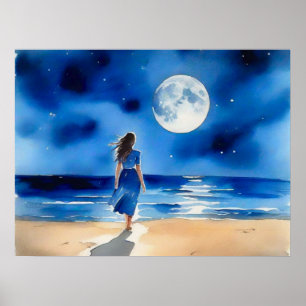 Girl on the Beach Under a Full Moon Poster