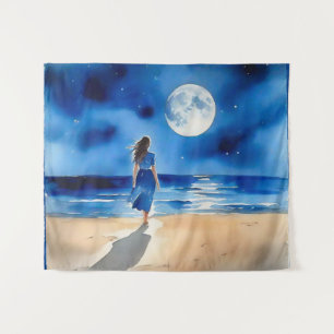 Girl on the Beach Under a Full Moon Tapestry