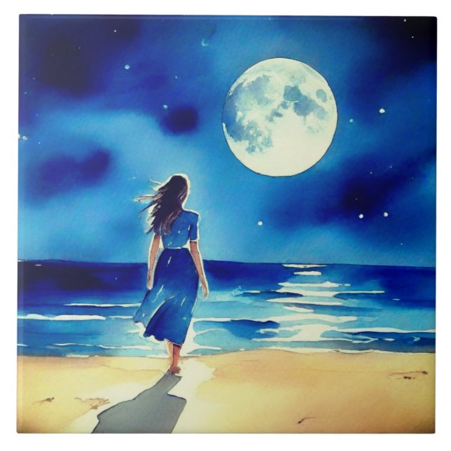 Girl on the Beach Under a Full Moon Tile (Front)