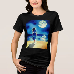 Girl on the Beach Under a Full Moon Tri-Blend Shirt