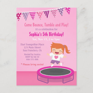 Girl on Trampoline Kids Birthday Party Invitations