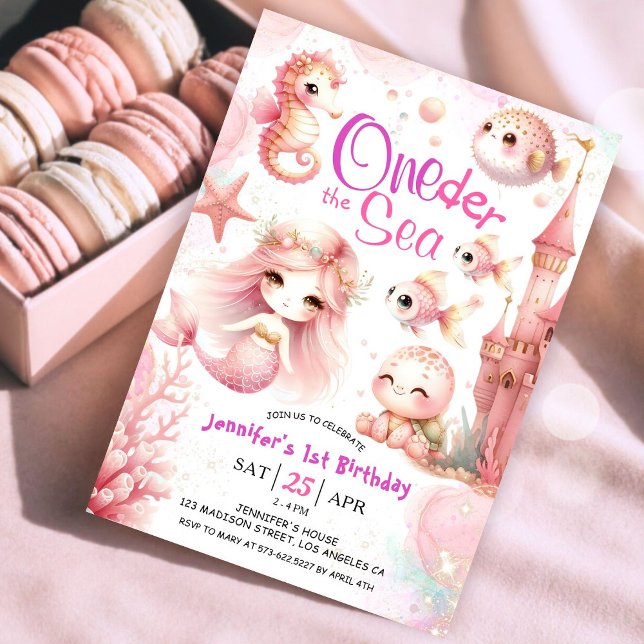 Girl ONEder The Sea 1st Birthday Pink Cute Ocean  Invitation (Creator Uploaded)