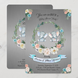 Girl or boy Baby Shower elephant,Silver metal,cute Invitation