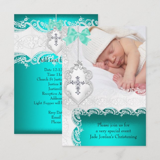 Girl or Boy Baptism Jade Teal White Lace Photo Invitation (Front/Back)