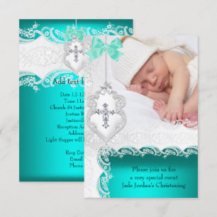 Girl or Boy Baptism Jade Teal White Lace Photo Invitation