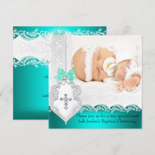 Girl or Boy Baptism Jade Teal White Lace Photo Invitation