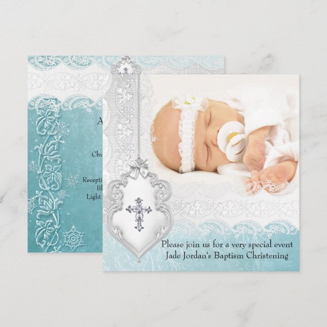 Girl or Boy Baptism Teal White Lace Photo Cross Invitation (Front/Back)