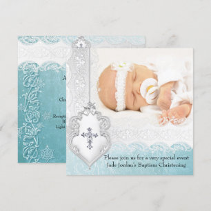 Girl or Boy Baptism Teal White Lace Photo Cross Invitation