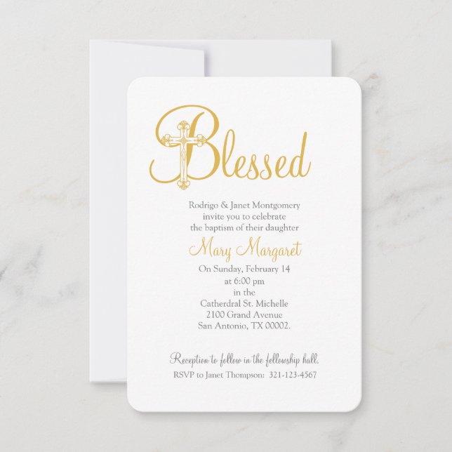 girl or boy CHRISTENING or BAPTISM gold cross Invitation (Front)