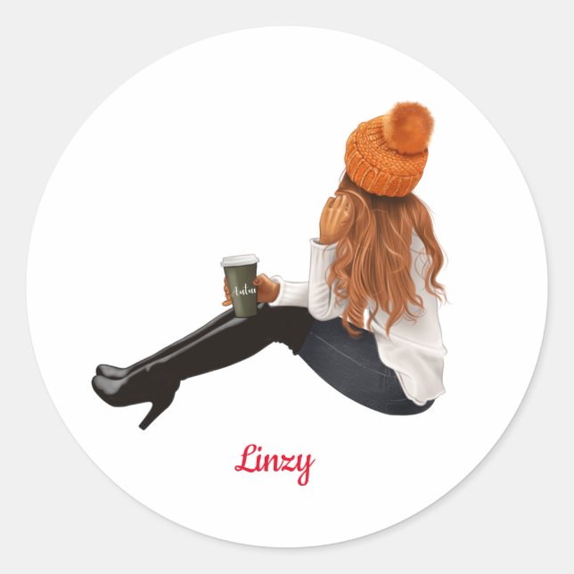 Girl Orange Autumn Fall Personalised Custom Coffee Classic Round Sticker (Front)
