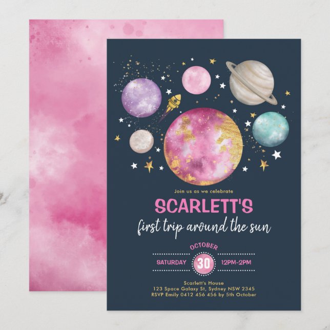Girl Outer Space Galaxy Birthday Navy Pink Gold Invitation (Front/Back)