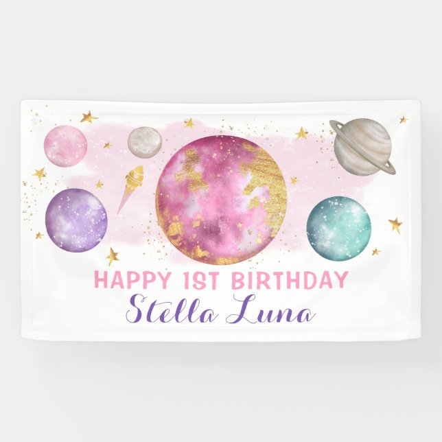 Girl Outer Space Galaxy Pink Gold Birthday Party Banner (Horizontal)