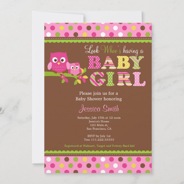 Girl Owl Baby Shower Invitation (Front)