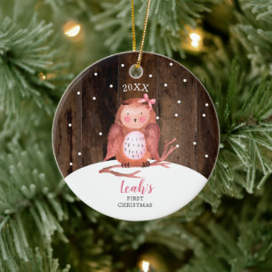 Girl Owl Cute Personalised Woodland Baby Christmas Ceramic Tree Decoration