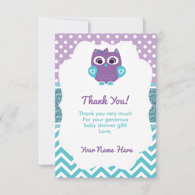 Girl Owl Thank You Card Purple Teal (Front)
