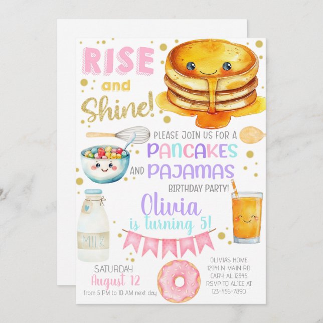 Girl pancakes and pajama birthday party invite. invitation (Front/Back)