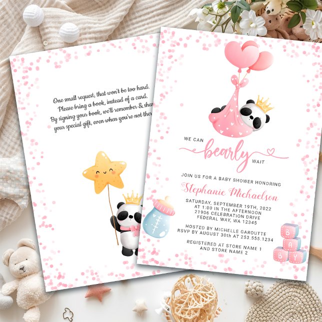 Girl Panda Bearly Wait Baby Shower Book Request Invitation (Girl Panda Bearly Wait Baby Shower Book Request Invitation)