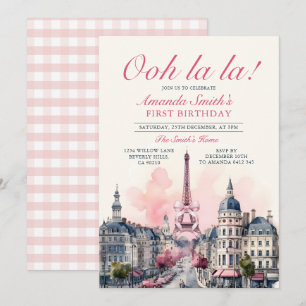Girl Paris Patisserie 1st Pink Bow Birthday Party Invitation