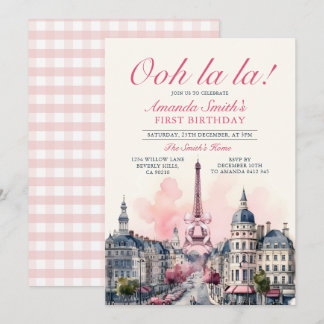 Girl Paris Patisserie 1st Pink Bow Birthday Party Invitation