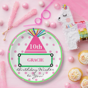 Girl Party Hat Green Pink Polka Dots Name Paper Plate