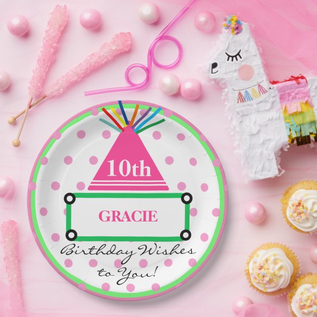 Girl Party Hat Green Pink Polka Dots Name Paper Plate (Party)