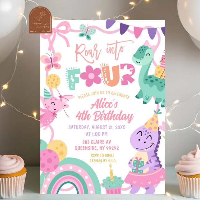Girl Pastel Dinosaur 4th Birthday invitation (Creator Uploaded)