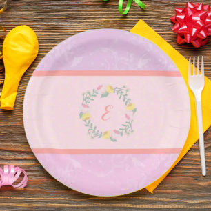 Girl Pastel Pink and Lavender Floral Monogram Kid Paper Plate