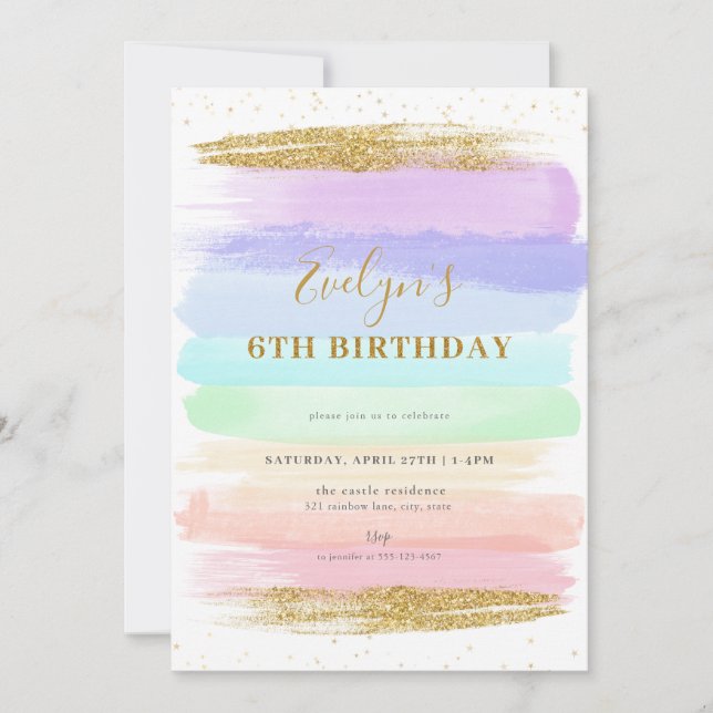 Girl Pastel Rainbow 6th Birthday Invitation (Front)