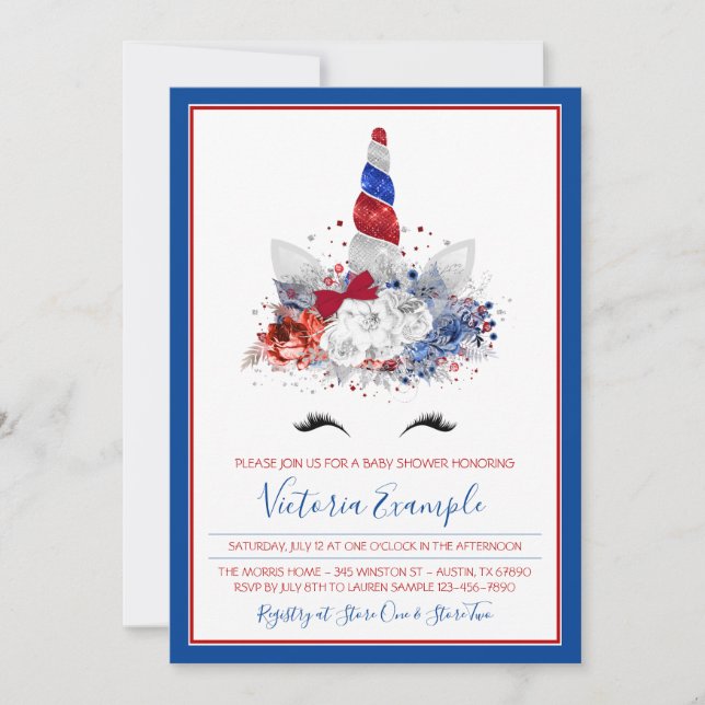 Girl Patriotic Unicorn Military Baby Baby Shower Invitation (Front)