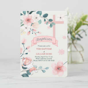 Girl Peach Blossoms Christian Cross Baptism Invitation
