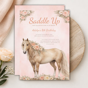 Girl Peach Floral Horse 8th Birthday Invitation