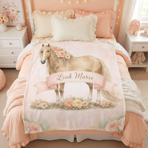 Girl Peach Floral Horse Personalised Name Fleece Blanket