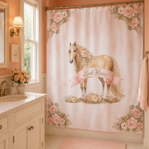 Girl Peach Floral Horse Personalised Shabby Chic Shower Curtain