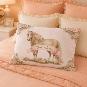 Girl Peach Floral Horse Rose Monogram Name Decorative Cushion