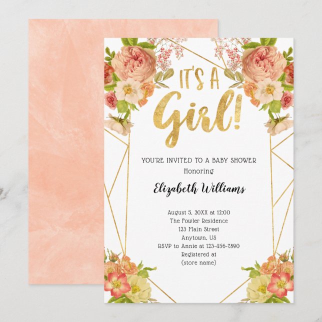 Girl Peach Flowers Geometric Frame Baby Shower Invitation (Front/Back)