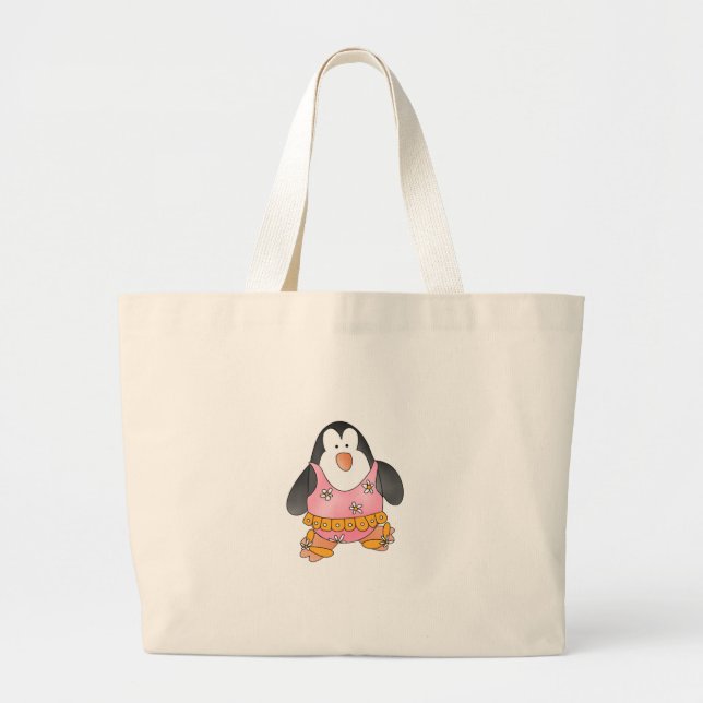 Girl Penguin at Beach Large Tote Bag (Front)