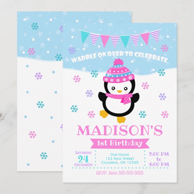 Girl Penguin Birthday Invitation / Waddle On Over (Front/Back)