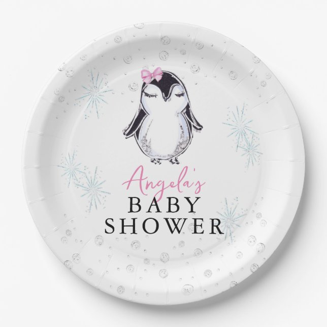 Girl Penguin Winter Baby Shower  Paper Plate (Front)