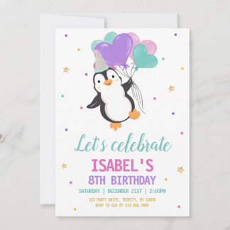 Girl Penguin Winter Birthday Party Invitation